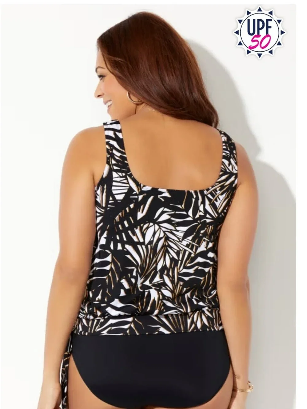 Swimsuits For All Women's Side Tie Blouson Tankini Top Black White Palm 16 NWT